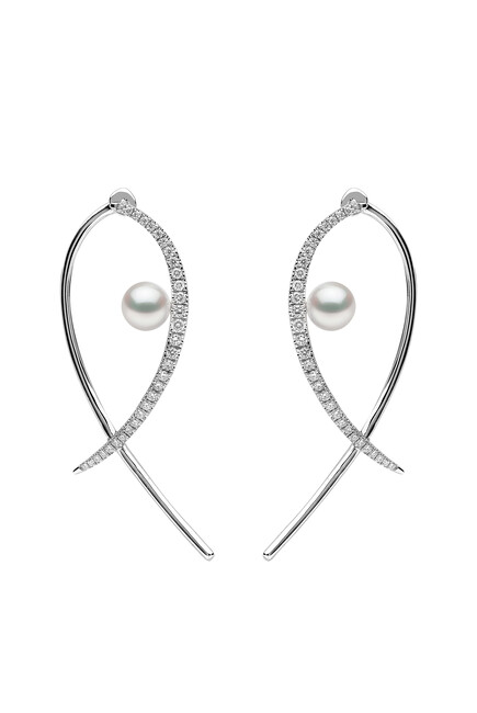 Sleek Earrings, 18k White Gold with Diamond & Pearl